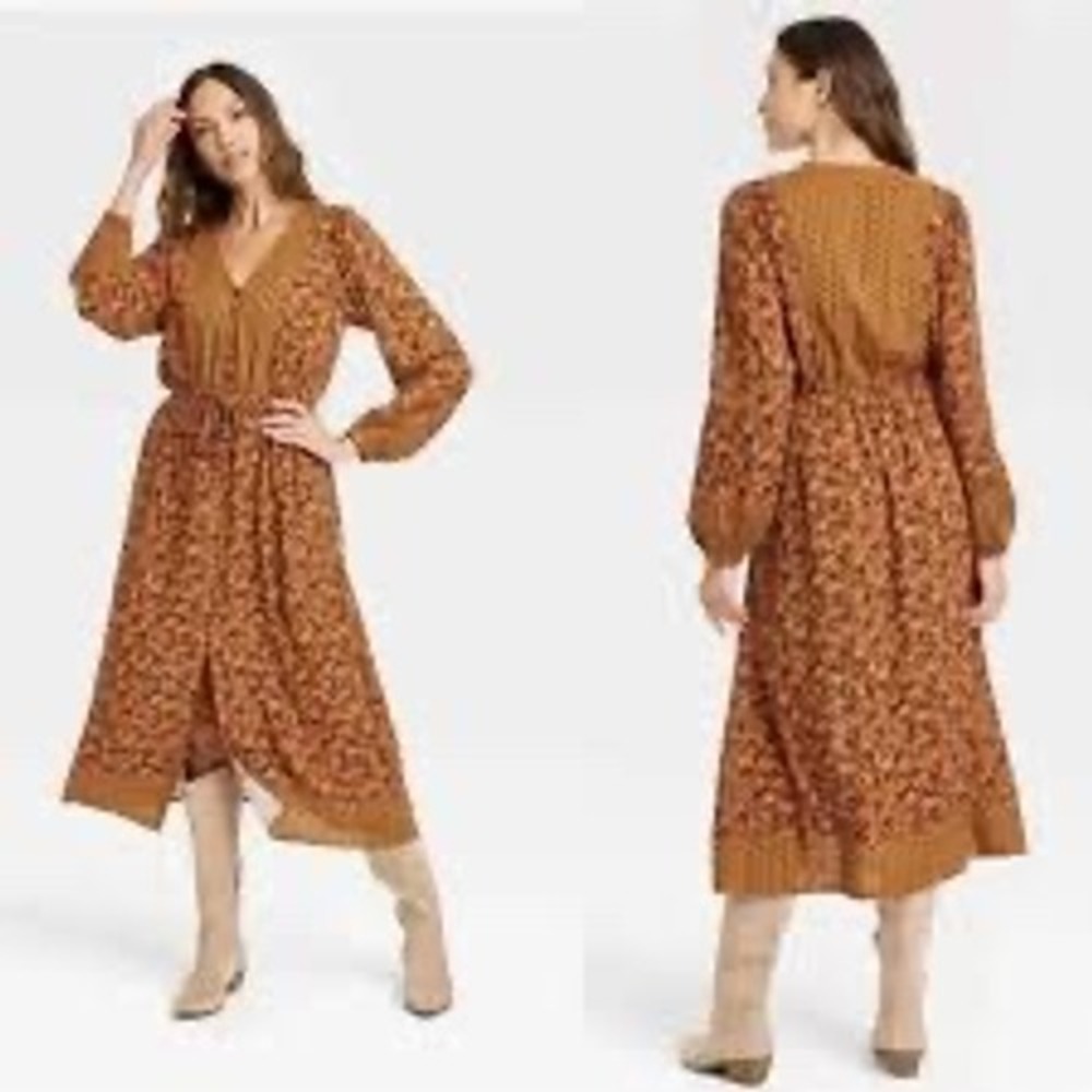 Knox Rose Midi Dress Womens Large Orange Excellent Boho Floral Long Sleeve Rayon
